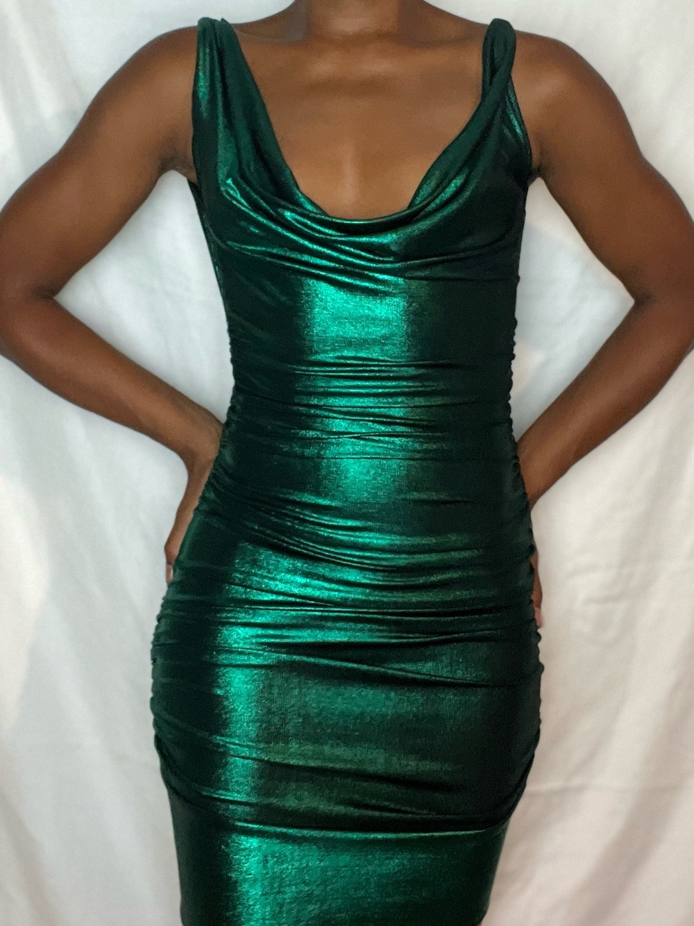 Metallic Emerald Cowl Neck Mini Dress